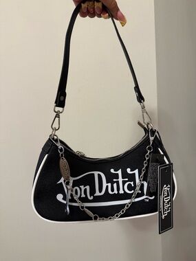 Von Dutch Black Shoulder Bag with White Logo and Chain Detail